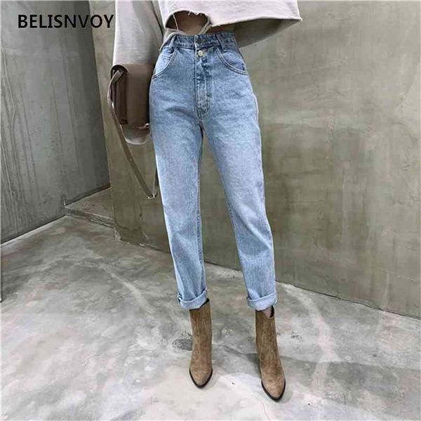 Винтажная высокая талия прямые джинсы для женщин брюки свободно женские джинсовые карандаш брюки голубого молнии женские уличные Муджеру 210520