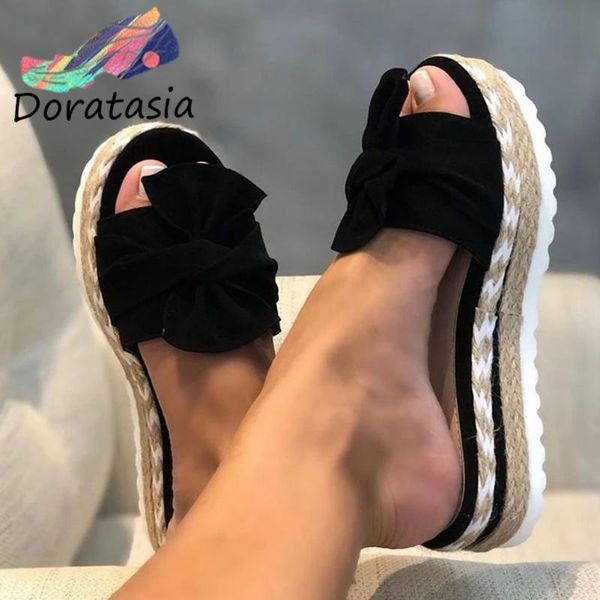

elegant butterfly-knot shoes casual wedges summer slippers women ins comfy flat platform slides, Black