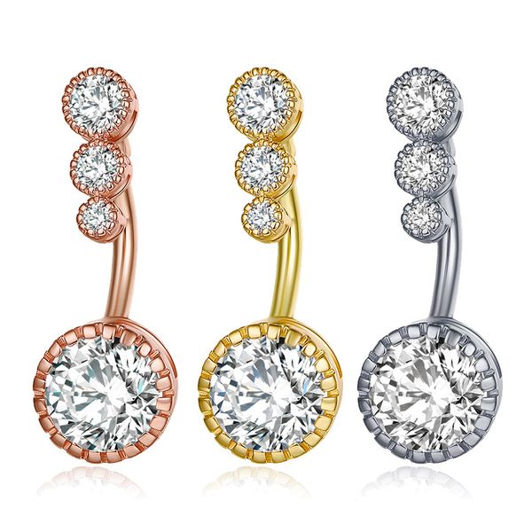 

stainless steel pierced navel ring round inlaid zircon navel studs copper buckle body piercing, Silver