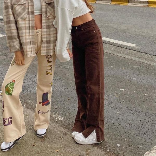 

brown y2k sweatpants fashion womens pants side split classic vintage high waist straight long trousers capris streetwear, Black;white