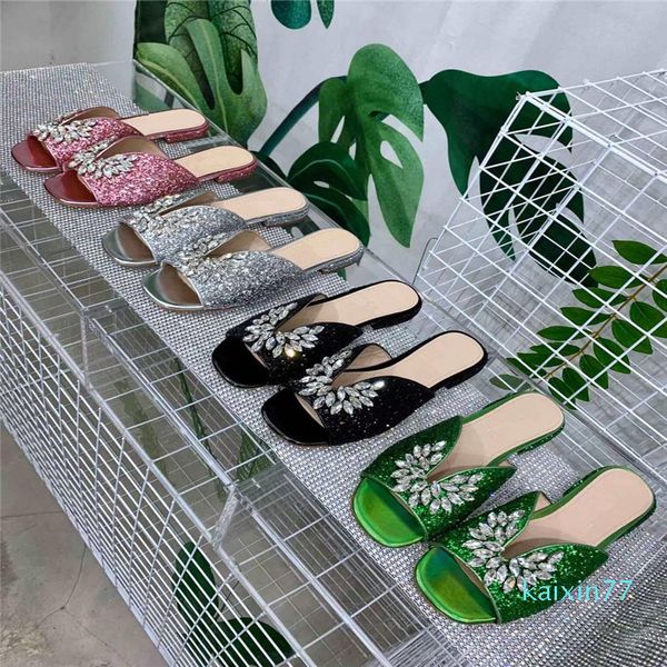 

designer women slippers sandals ladies wedding slipper sequins crystal buckle real leather trendy stud slides casual flat spikes, Black