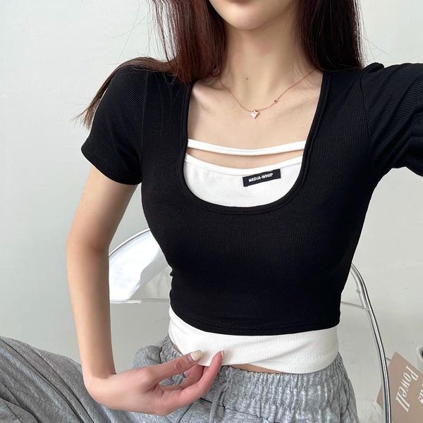 

women's t-shirt skinny summer tee shirt female clothes tshirts fake two patchwork t women round neck black thin short sleeve, White