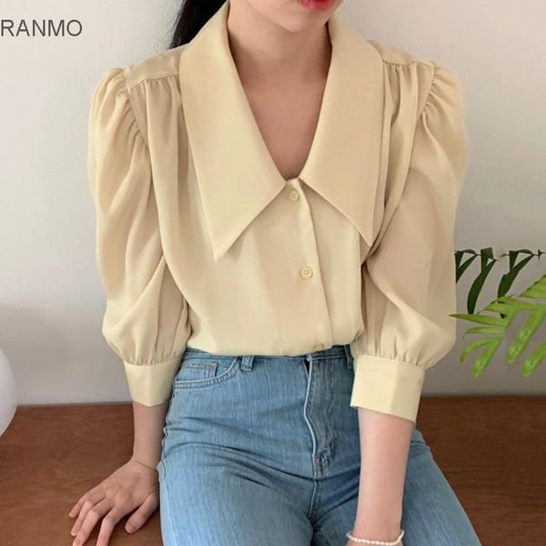 

women's blouses & shirts korean chic summer versatile yellow white pointed collar single breasted loose pleated bubble sleeve shirt to