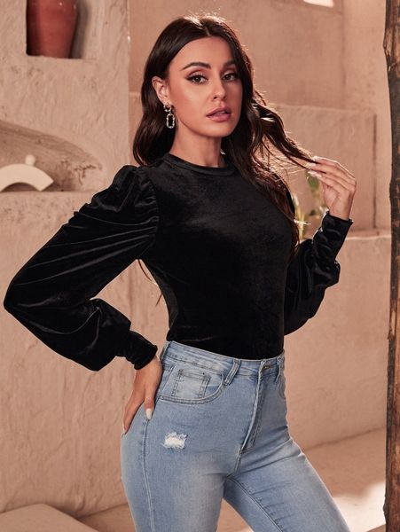 

solid puff sleeve velvet n6z3#, White