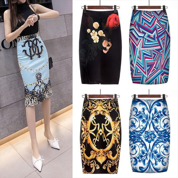 

elegant floral retro palace print women skirt stretch pencil knee length office lady mid midi, Black