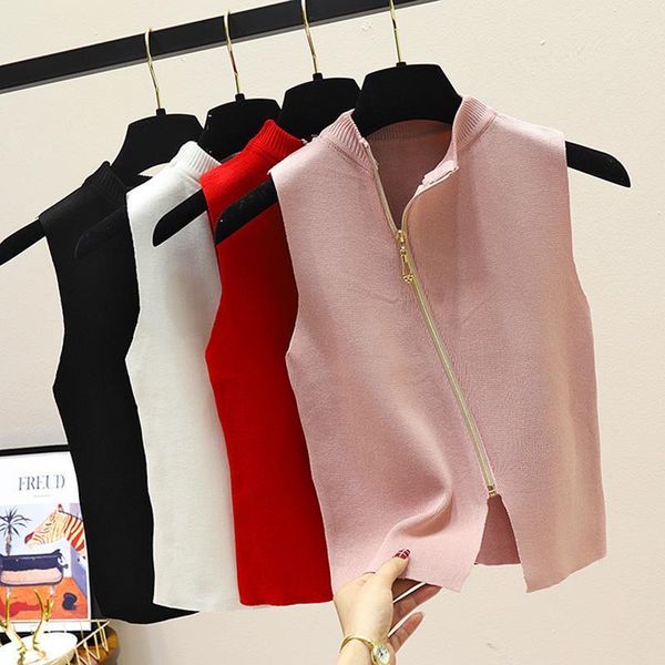 

summer women camis tank spring zipper knit cami korean camisole elastic vest o neck solid color slim breathable, White