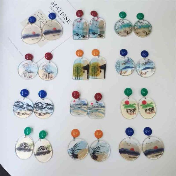 

charms earrings jiangnan female chinese feng shui ink painting national tide wind acrylic landscape sunset black and white, Golden