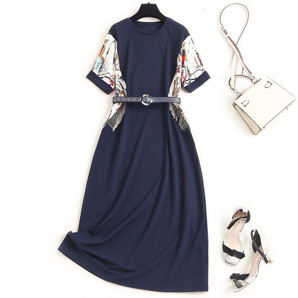 

casual dresses summer short sleeve round neck blue paisley print belted panelled tassel mid-calf dress elegant loose oj23f851 uryk, Black;gray