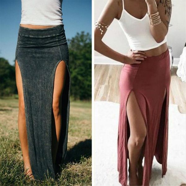 

arrival high waisted double women skirts slits summer solid long maxi skirt wholesale valentines day gifts, Black