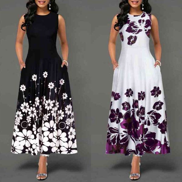 

large size elegant womens floral print long maxi dress evening party beach dress summer sleeveless long flower sundress costume, Black;gray