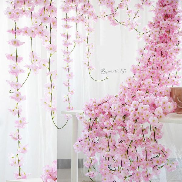 

200cm artificial flower cherry vines rattan garland wall hanging silk blossoms wedding fake girl home party decor decorative flowers & wreat