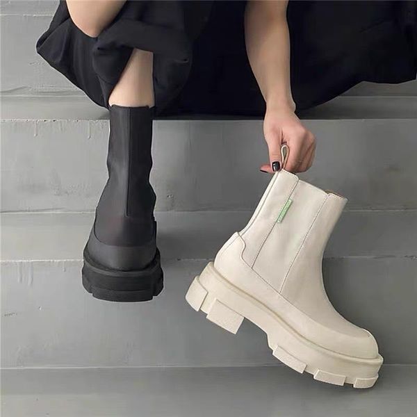 

boots chessy same elastic sleeve heel high women's round head medium thick soles and white short, Black