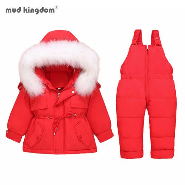 Mudkingdom inverno meninos casaco colar de pele para baixo jaqueta para meninas macacão espessa crianças bebê snowsuit criança macacão conjunto 210615