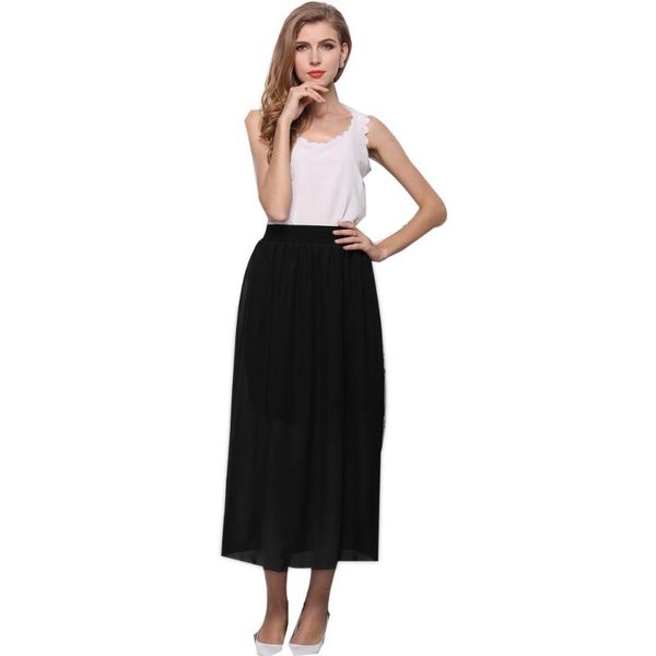 

skirts selling elegant chic skirt women girl stretch high waist plain flared pleated long wholesale, Black