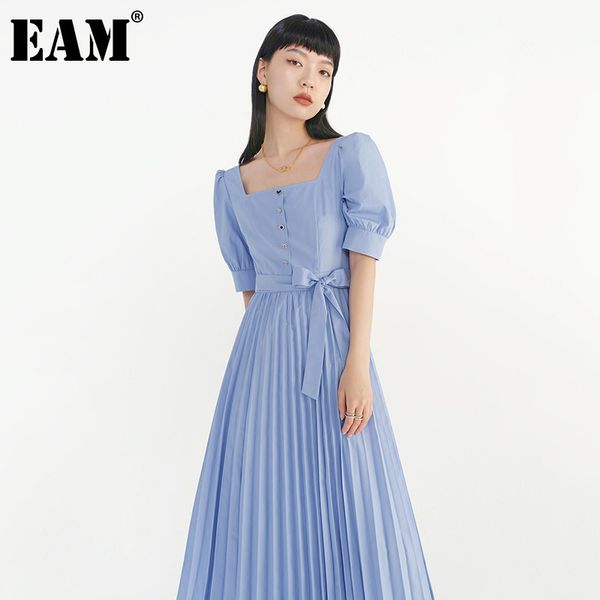 

[eam] women buttons sashes backless pleated dress square neck puff short sleeve fit fashion spring summer 1dd8301 210512, Black;gray