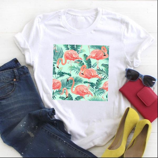 

women flamingo beach holiday cartoon clothing print ladies summer t tee female shirt clothes womens graphic, White
