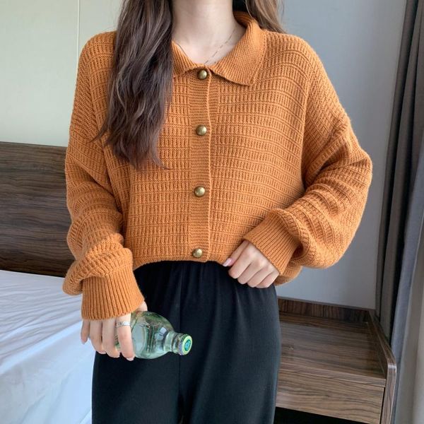 

women's knits & tees autumn retro single-breasted long-sleeved turn-down collar sweater, White