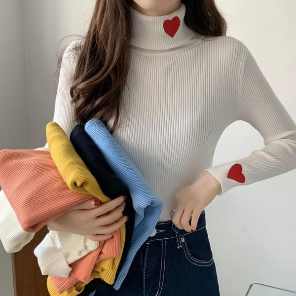 

women's sweaters turtleneck woman heart pattern embroidery pullovers 2021 solid thick ribbed knit fall winter elegant sueter, White;black