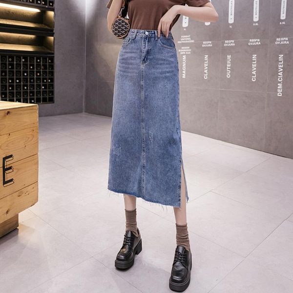 

skirts summer style women plus size 5xl casual loose pockets solid side hem slit jeans for females larger denim middle skirt, Black