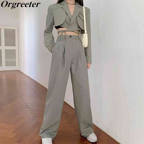 

chic design irregular elegant notched long sleeve lace up bowknot + straight pants suit streetwear two piece set women 210602, White