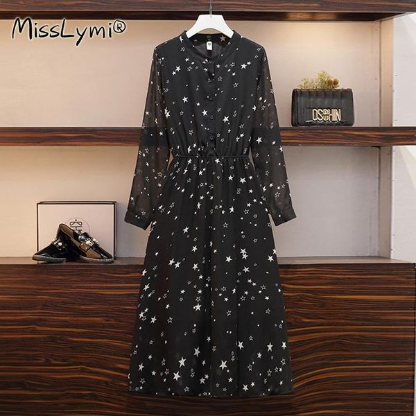

casual dresses 4xl plus size women elegant star print chiffon dress autumn 2021 fashion shirt stand collar long sleeve high waist midi, Black;gray