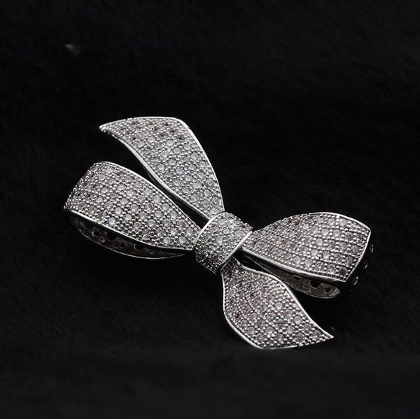 

tie tone rhinestone crystal diamante bow white gold brooch pin gift accessory, Gray