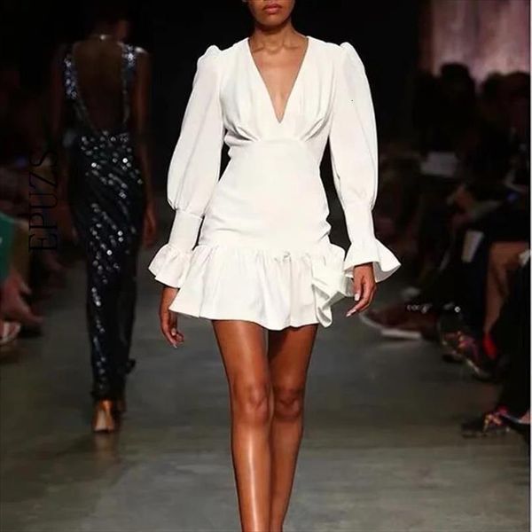 

summer vintage deep v neck women dresses white pleated elegant korean long sleeve party boho casual ladies, Black;gray