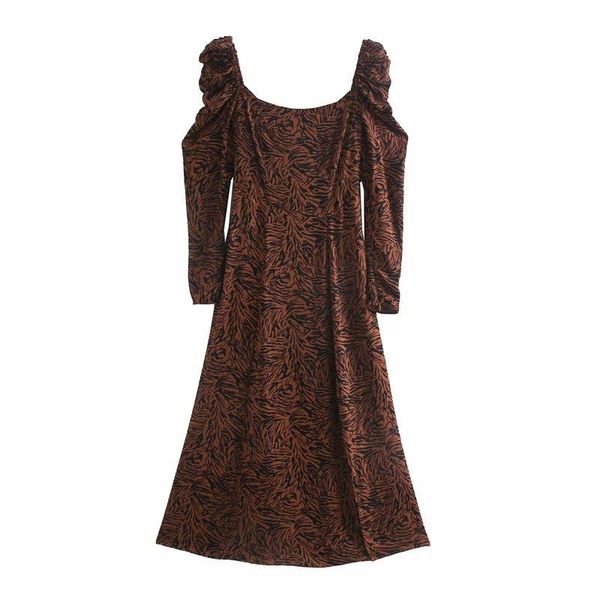 

autumn women dress print long puff sleeve square collar split mid-calf dresses female casual fashion clothes, Black;gray