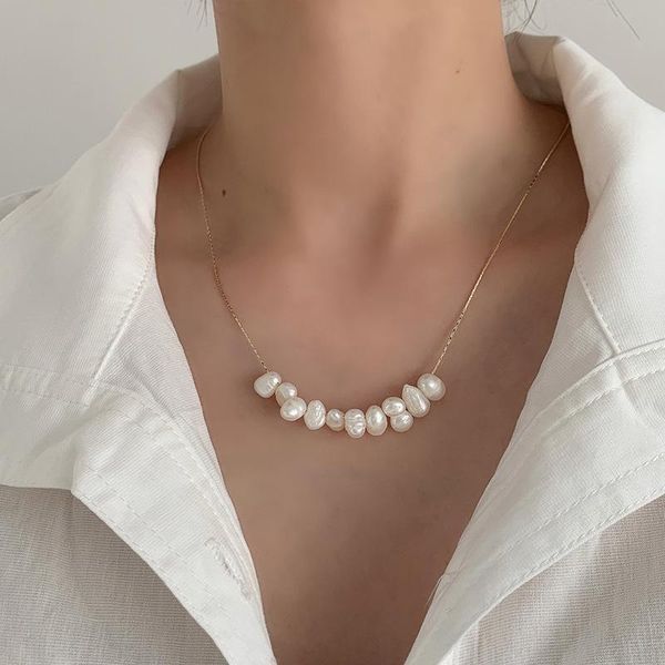 

chokers origin summer temperament 2 styles metal thin chain necklace for women girls elegant baroque pearl accessories, Golden;silver