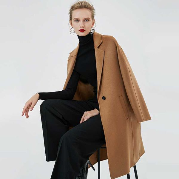 

women's wool & blends 2021 autumn and winter style woolen overcoat simple long female coats water ripple double side cashmere lady clot, Black