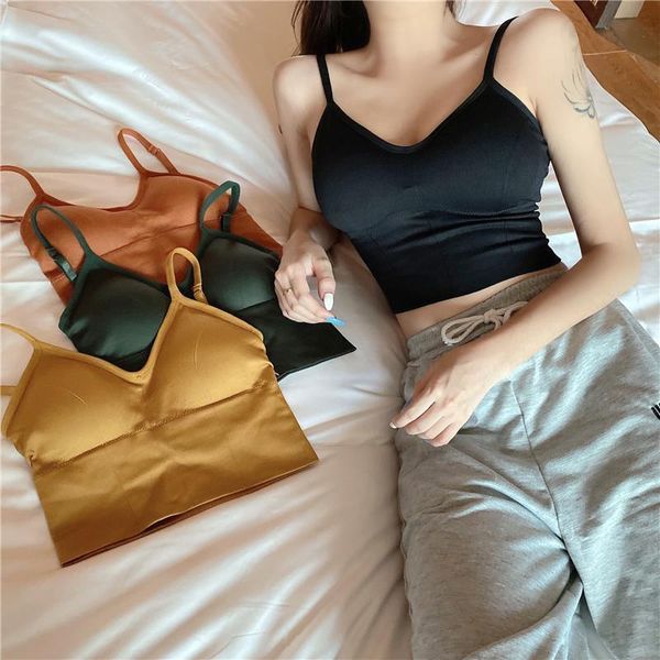 

girls womens camis short with seperated bra women padding tanks u back crop for female gr1932, White