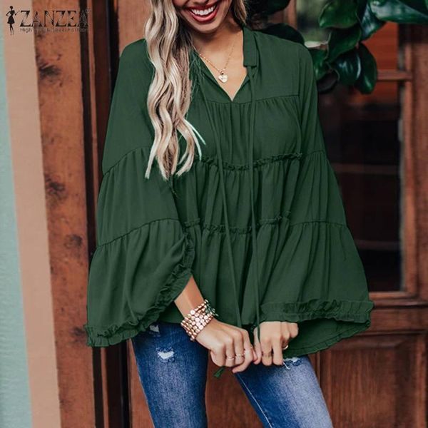 

women's blouses & shirts zanzea oversized long flare sleeve blouse women spring v neck ruffles 2021 fashion elegant work blusas casual, White