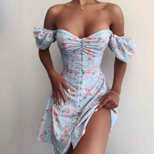 

puff sleeve floral print summer dresses for women vintage blue beach holiday boho short dress flower french harujuku dress 210415, Black;gray