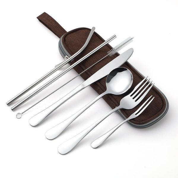 

dinnerware set travel camping cutlery reusable silverware with metal straw spoon fork chopsticks and portable case sets