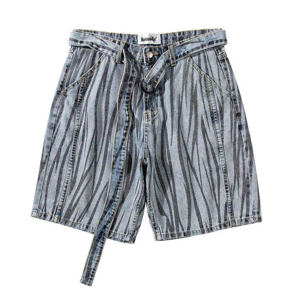 

men's shorts original pattern zebra washed stripes men's casual shorts streetwear loose jeans hip hop oversize denim cargo, White;black