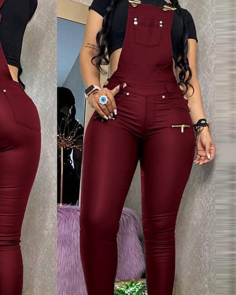 

women's jumpsuits & rompers women fashion buckled zipper design pu suspender jumpsuit slim fit bodycon long pants high street solid col, Black;white