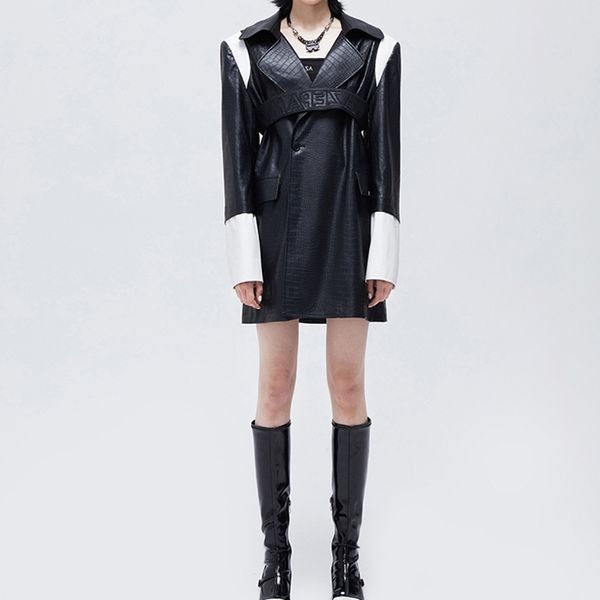 

black and white contrast stitched crocodile leather medium long pu windbreaker coat