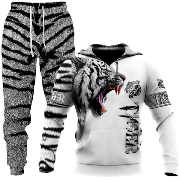 

men's hoodie, 3d tiger pattern casual 2-piece sportswear, autumn and winter sportswear, Gray