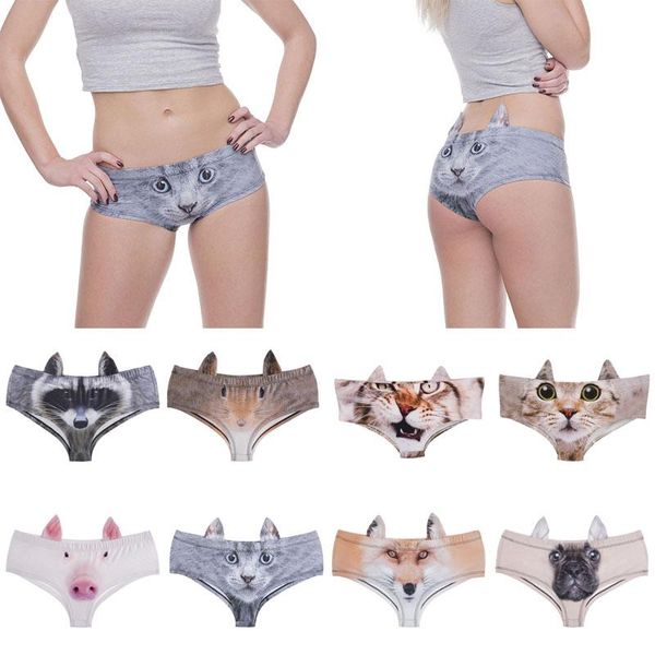 

women's panties 3d printing women cute animals pattern pig cat briefs bull dog cheetah with ears lift up waist and hip sexy, Black;pink