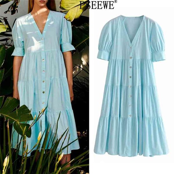 

blue woman long summer dress ruffle v neck short puff sleeve midi women fashion button beach casual es 210519, Black;gray