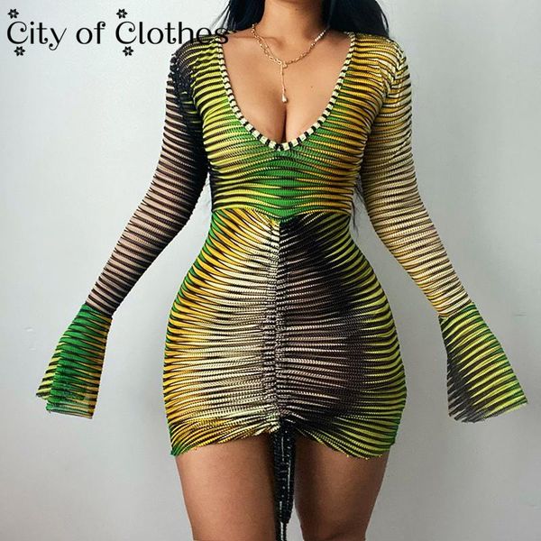 

casual dresses y2k v-neck stripe mini dress for women flare long sleeve bodycon green drawstring party vestidos ladies 2021, Black;gray