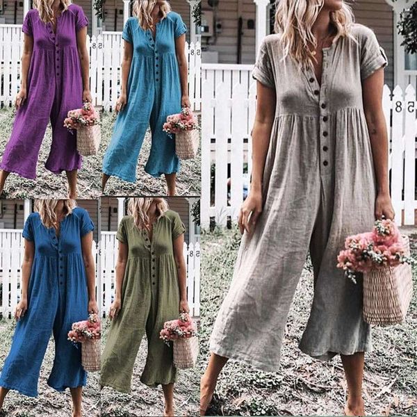 

2021 loose cotton linen solid button casual jumpsuit, Black;white