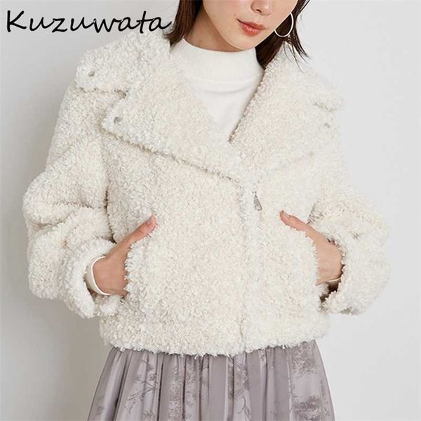 

kuzuwata autumn winter women solid lapel long sleeve zipper short jacket japan style sweet fashion faux fur coat 211218, Black