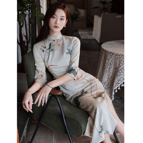 

ethnic clothing young cheongsam girl chinese style long-sleeved suede print elegant qipao long daily life orientale vintage vestido dress, Red