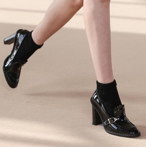 

drop fashion black brown genuine leather slip on shallow pumps woman 9 cm chunky heels retro round toe buckle shoes dress