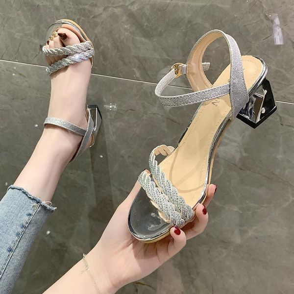 

buckle strap all-match 2021 sandals ladies shoes summer clear heels suit female beige comfort block black rhinestone fashion dress