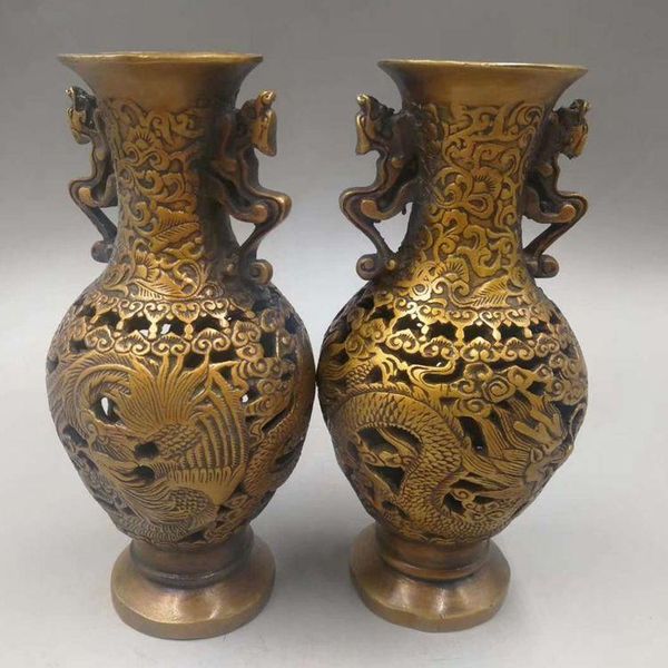 

vases antique pure copper hollow dragon and phoenix vase decoration a pair of decorative craft gifts bronze collection