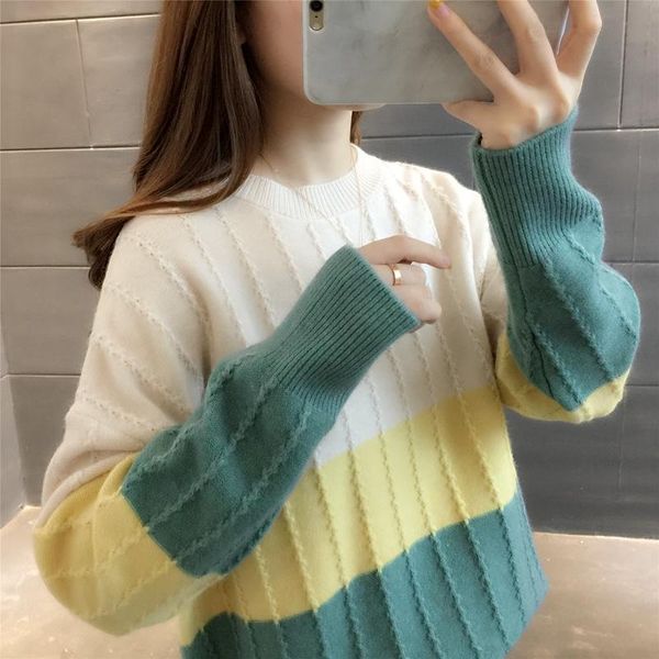 

women's sweaters 5100n area 34 right] - real po color matching round neck knitting insert 51, White;black