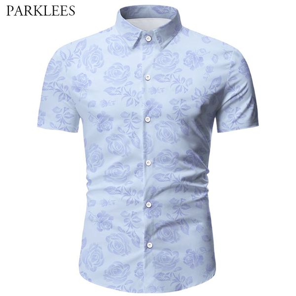 

elegant rose floral printed men shirt fashion button up comfortable mens short sleeve shirts casual social camisa masculina 210524, White;black