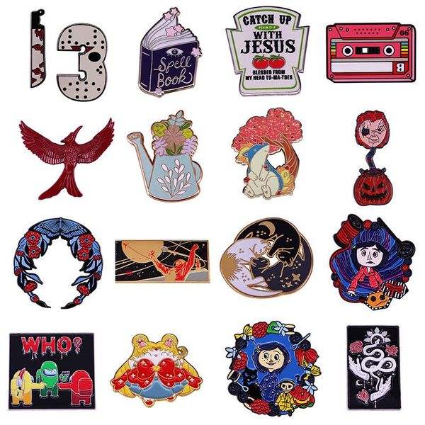 

pins, brooches beautiful girl enamel pins collect cute animal cat metal cartoon brooch horror movies games lapel badges fashion jewelry gift, Gray
